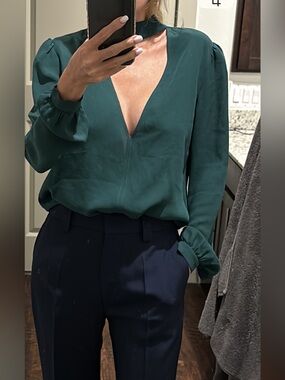 A.L.C. Deep Emerald Green V-Neck Choker Blouse